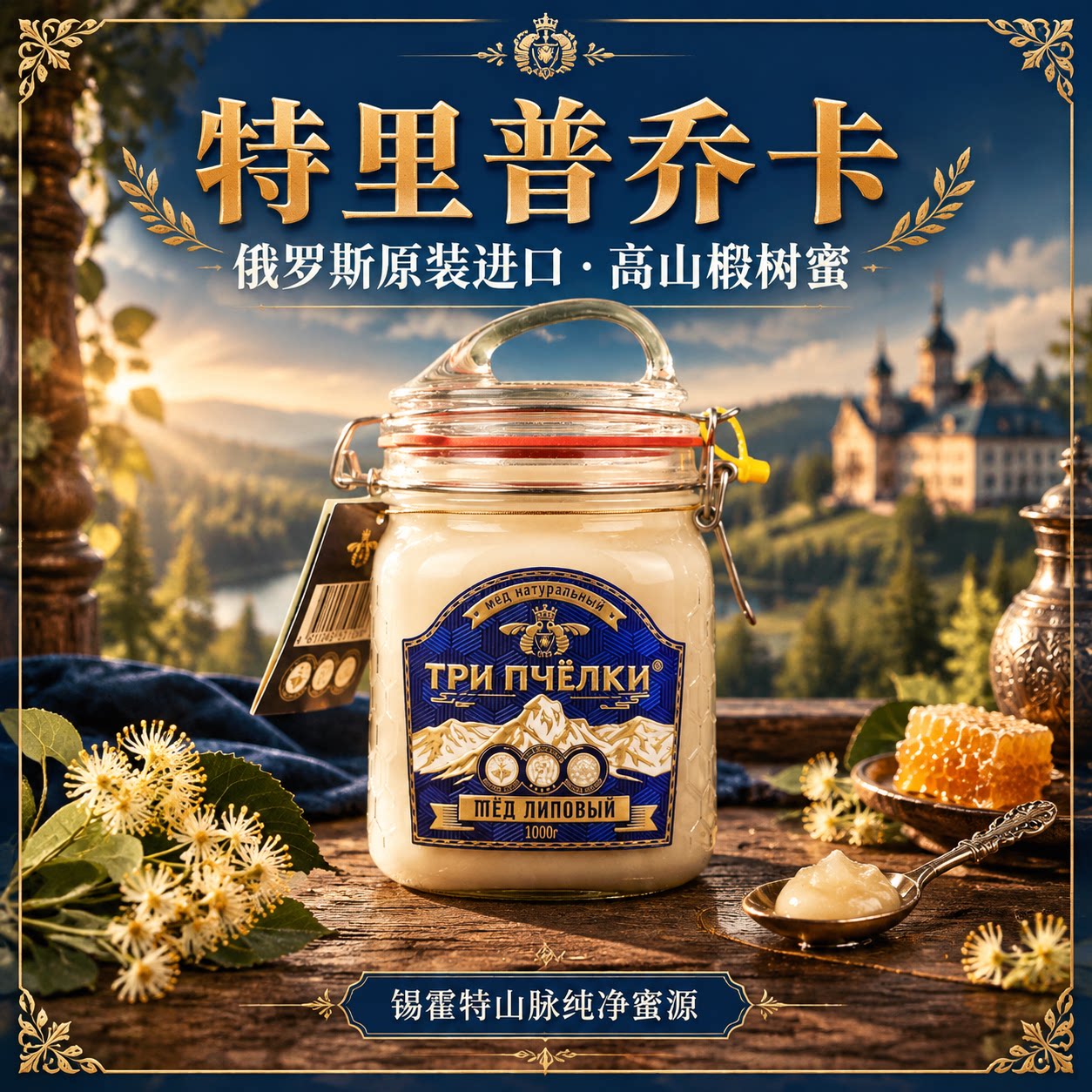 俄罗斯进口特里普乔卡高山椴树蜜锡霍特原装结晶雪蜜纯蜂蜜冲饮