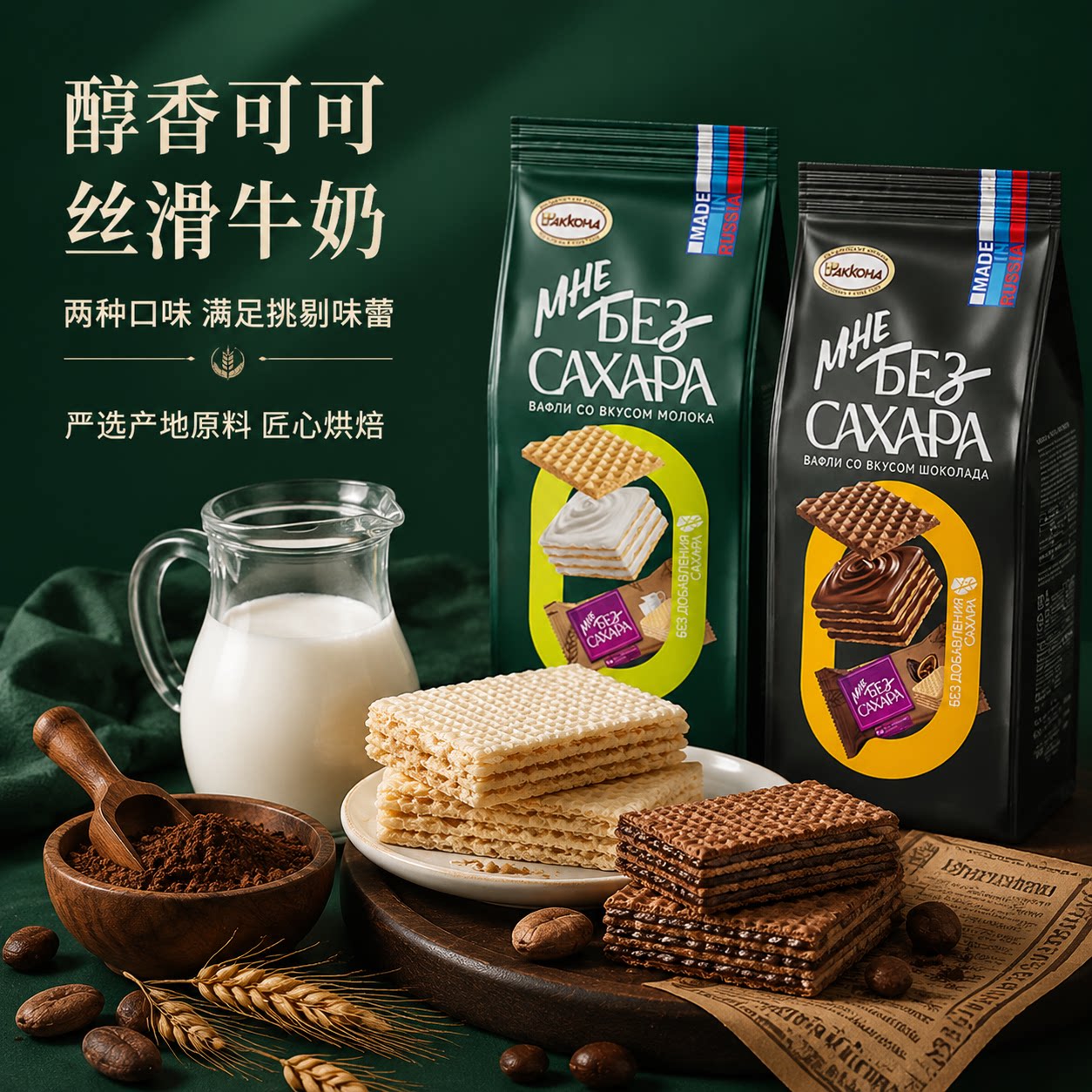 俄罗斯进口阿孔特无蔗糖威化饼干纯可可牛奶网红休闲零食健身食品