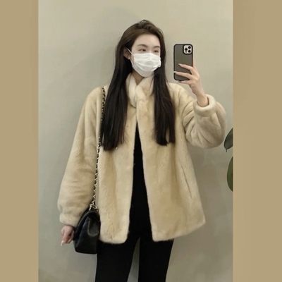 SWEETRAIN复古水貂绒大衣毛毛外套皮毛一体环保皮草暖高级名媛貂