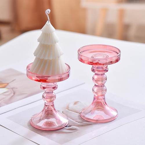 ins浪漫粉色水晶玻璃烛台摆件香薰蜡烛托盘民宿家居桌面拍摄道具