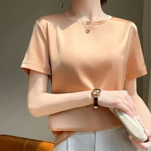 Round neck short sleeved satin top for women圆领短袖缎面上衣