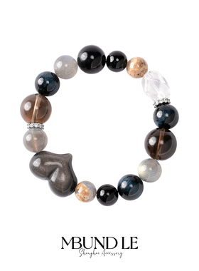 摩邦珠宝【暗夜天使的指引】黑色黑曜石爱心水晶多宝单圈手串女款