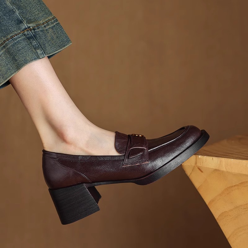 软羊皮黑色高跟山茶花乐福鞋2025春秋新款英伦风一脚蹬厚底单鞋女