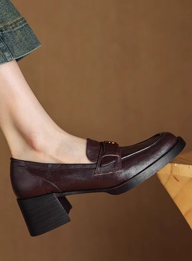 软羊皮黑色高跟山茶花乐福鞋2025春秋新款英伦风一脚蹬厚底单鞋女