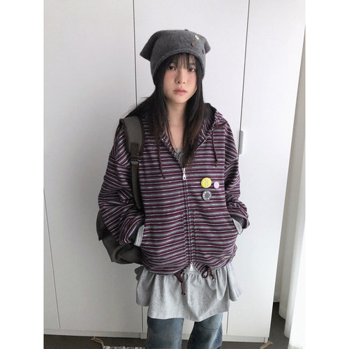 innomoood“陀螺”彩条纹重磅卫衣连帽开衫外套宽松毛圈上衣秋冬
