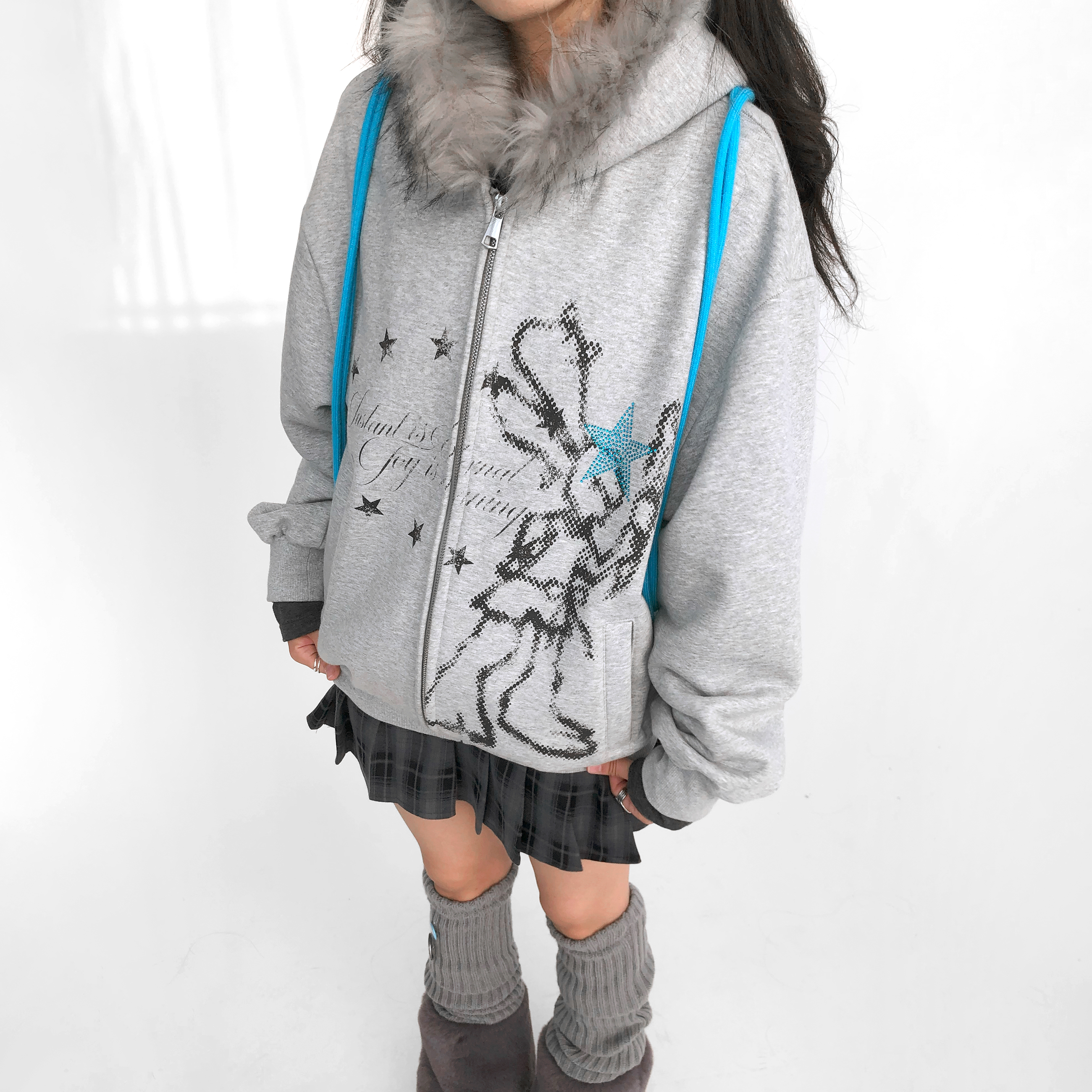 innomoood 像素鼓手兔加绒印花厚连帽卫衣开衫毛领厚外套百搭秋冬