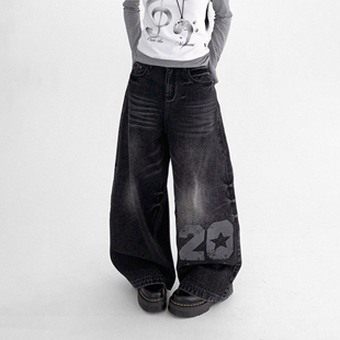 休闲 宽松弯刀裤 innomoood 迷雾黑牛仔水洗做旧印花复古亚y2k长裤
