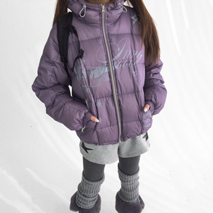 inomoood 钢琴师印花连帽新标90绒冰块格羽绒服半透短外套轻盈冬