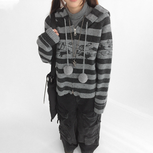 短外套羊毛冬 band小兔音符提花条纹连帽毛衣开衫 innomoood bunny