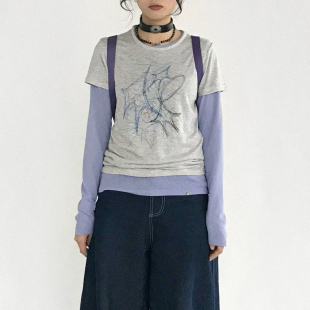 两件套薄透夏 T恤长袖 innomoood 胡思乱想涂鸦线条设计感印花短袖