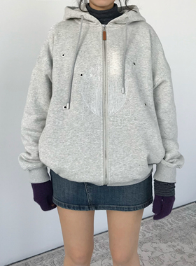 innomoood silver apple苹果线条原创加绒开衫宽松连帽烫银长卫衣