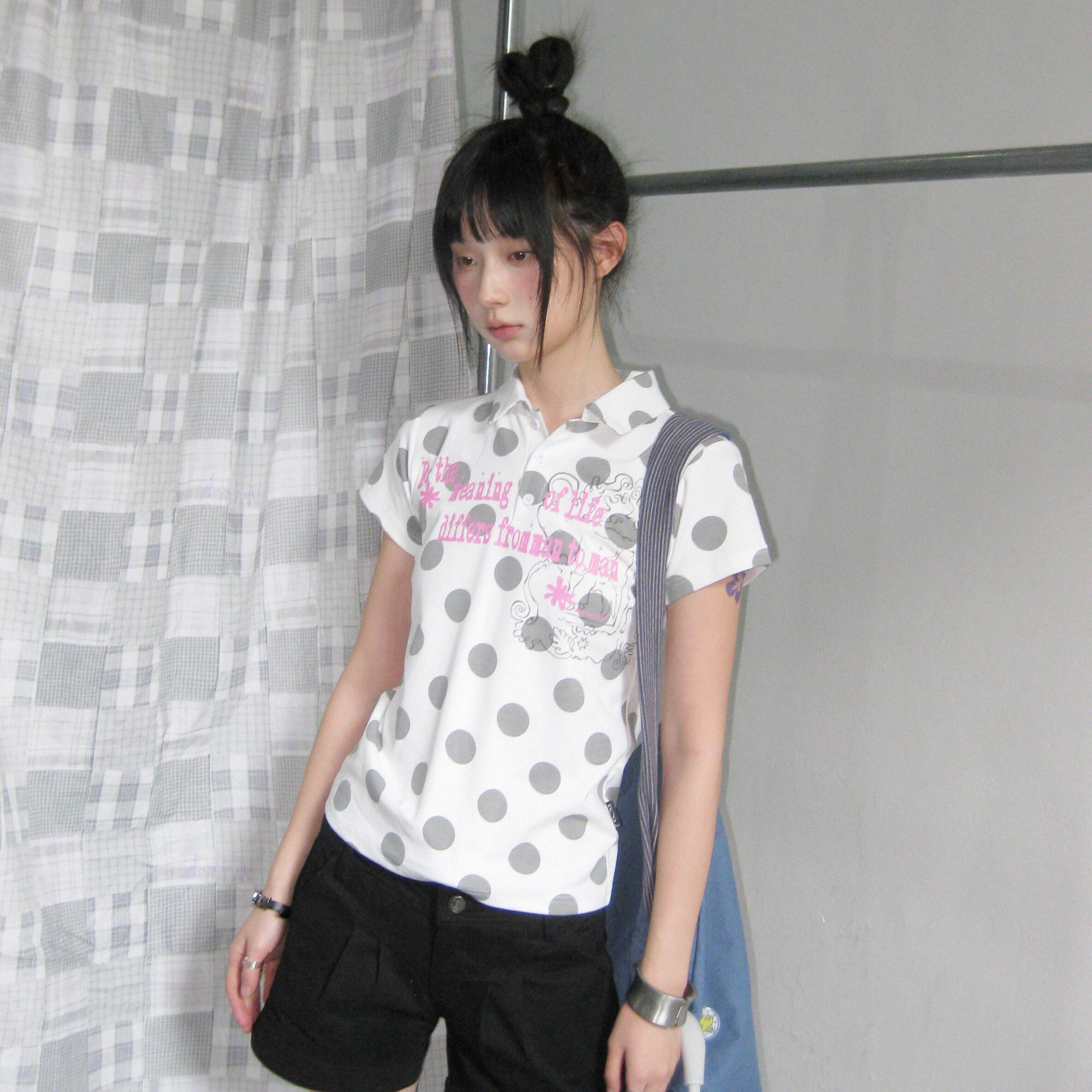 innomoood 珍珠波波撞色印花polo正肩T恤短袖显瘦上衣波点弹力女