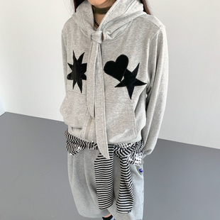 几何图形皮质贴布绣领带连帽开衫 innomoood 针织卫衣毛圈短外套女