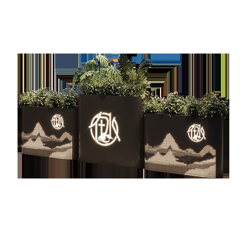 户外铁艺花箱不锈钢组合花坛外摆花架室外花槽围栏售楼部移动树箱