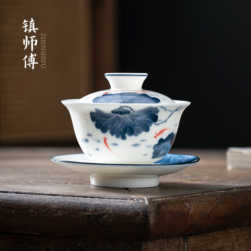 景德镇手绘荷塘三才盖碗茶杯防烫陶瓷泡茶碗功夫茶具套组公道杯子