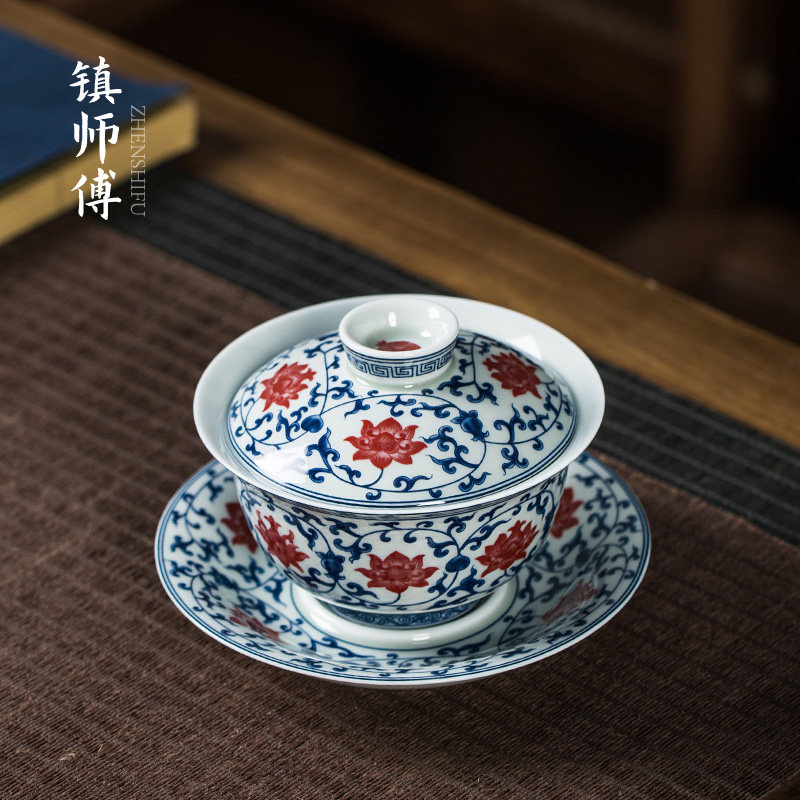 景德镇复古风青花釉里红三才盖碗茶杯单个高端陶瓷功夫泡茶碗杯子