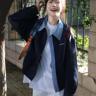 超好看格纹撞色外套女春秋2025新款覆古假两件拼接宽松休闲夹克潮