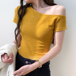 t恤设计感 一字肩露肩短袖 斜肩上衣女夏季 2026年新款