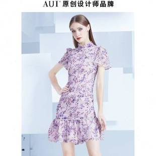 紫色碎花雪纺裙 AUI复古中国风气质旗袍改良版 连衣裙女2022夏新款