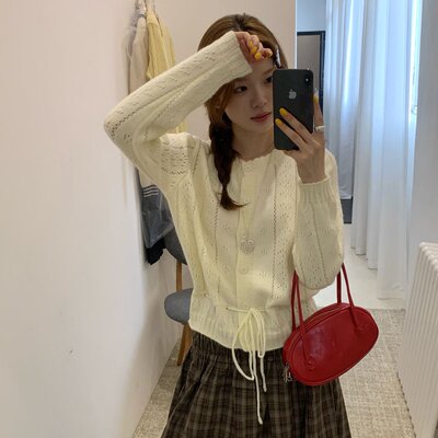 韩国温柔少女风穿搭绑带针织开衫毛衣外套女韩系氛围感早秋上衣