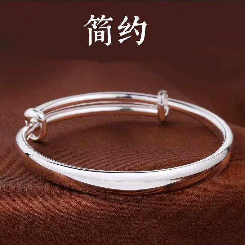 999纯银光面推拉银手镯女实心轻奢简约足银饰品礼物银镯子礼物