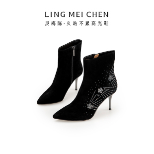 LINGMEICHEN流星闪钻尖头高跟踝靴秋冬新款 子 黑色绒面8cm细跟女鞋