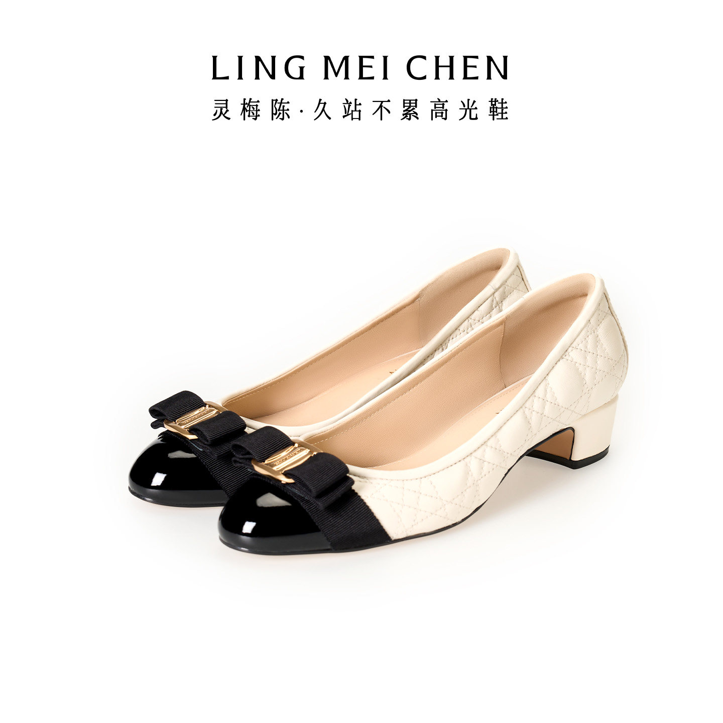 LINGMEICHEN小香风单鞋法式圆头高跟鞋白色皮鞋羊皮粗跟春