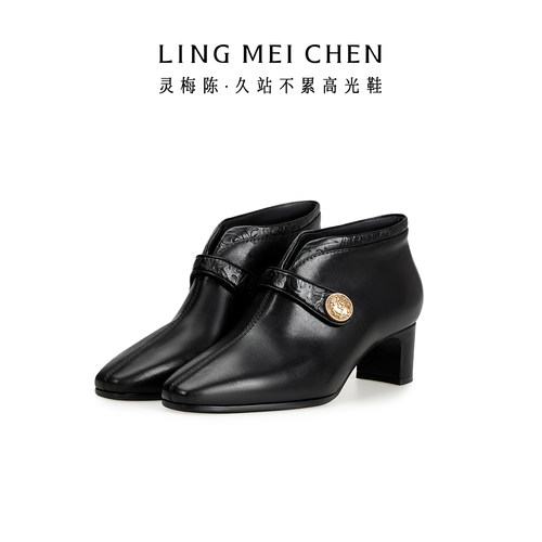 灵梅陈英伦风粗跟小短靴踝靴皮鞋