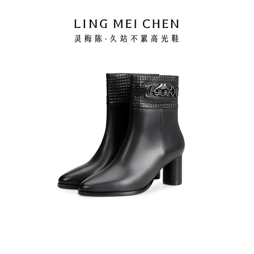 灵梅陈马鞍扣老钱风短靴高跟女靴