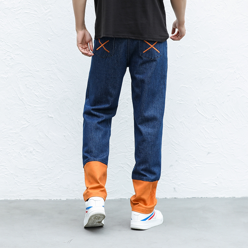 doppelgaeng经典蓝橙撞色拼接男士休闲贴身微弹中腰直筒牛仔裤