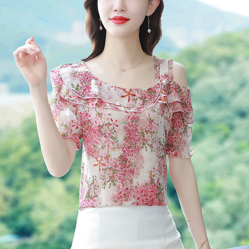 碎花雪纺衫女短袖2024夏季新款时尚露肩t恤遮肚子洋气荷叶边上衣