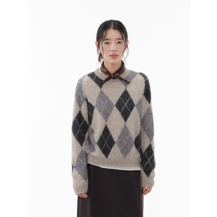 复古菱形格羊毛羊绒无缝嵌花针织毛衣 birds women stars