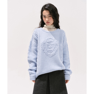 100%羊毛复古手钩图案 birds 绞花圆领宽松套头毛衣 stars women