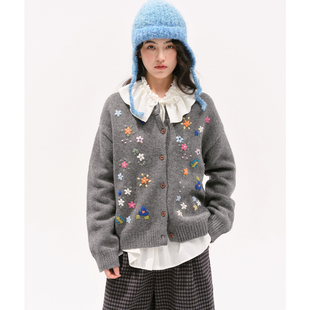 圆领针织衫 women 全羊毛手工钩花花朵毛衣开衫 birds stars