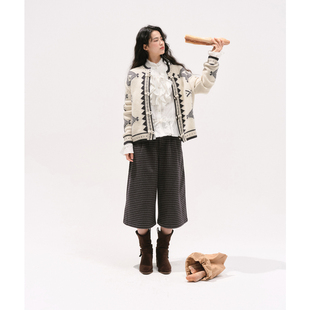 木质牛角扣复古毛衣开衫 women 费尔岛提花 birds 外套 stars