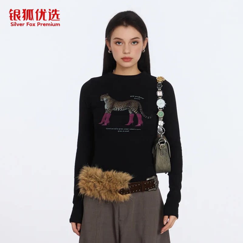 银狐优选 美式复古高跟鞋豹纹印花长袖上衣女2026秋季ins修身内搭