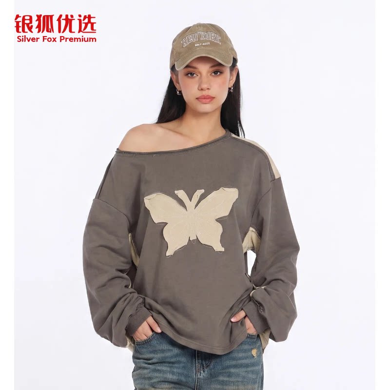 银狐优选欧美露肩斜领卫衣女2026春秋季新款设计感宽松慵懒风上衣