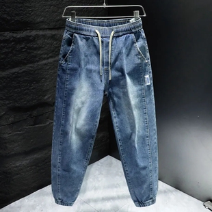 弹力牛仔裤男士春夏季新款松紧腰束脚哈伦休闲裤宽松耐磨工作裤男