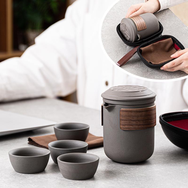 严选青岩粗陶旅行功夫茶具套装一二四杯便携式随身包快客杯泡茶壶