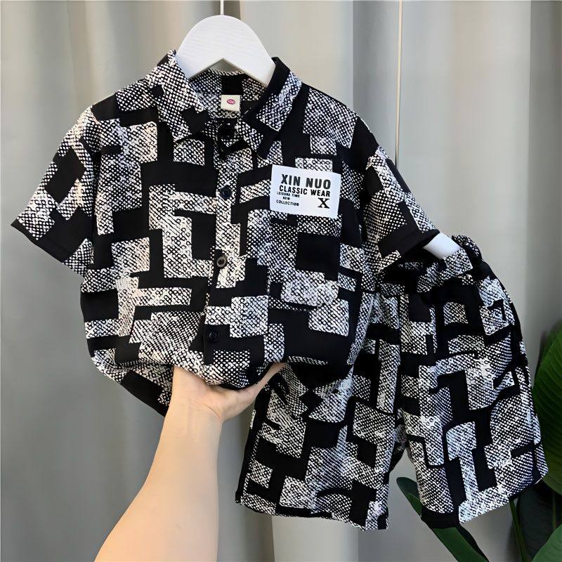男童夏季衬衫短袖套装23新款宝宝网红潮牌衣服儿童酷帅炸街两件套