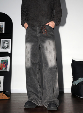 DAL 复古黑灰色做脏直筒牛仔裤2025年秋冬dirtyfit潮流街头阔腿裤