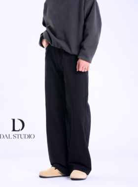 DAL 黑色直筒牛仔裤男2025年秋冬加绒宽松阔腿基础款垂感休闲长裤