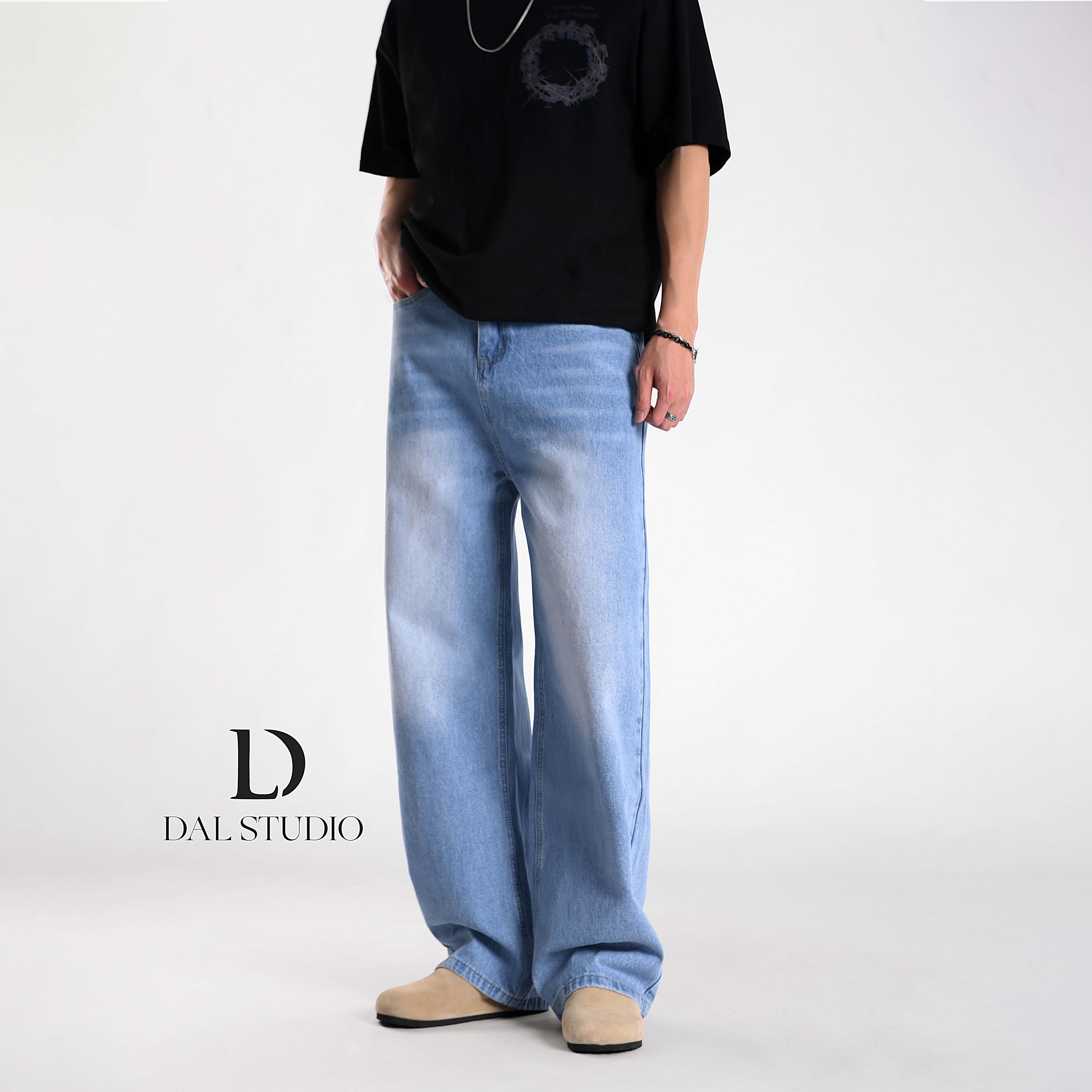 复古水洗蓝阔腿牛仔裤