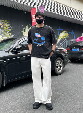 DAL 美式复古白色阔腿牛仔裤男春夏基础款垂感百搭宽松直筒休闲裤