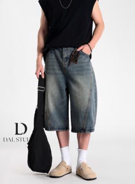 DAL 美式复古弯刀牛仔短裤男2025年夏季闪电纹做旧宽松阔腿七分裤