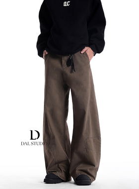 DAL 复古风宽松美式阔腿棕色工装裤秋冬男女潮牌弯刀休闲松弛长裤