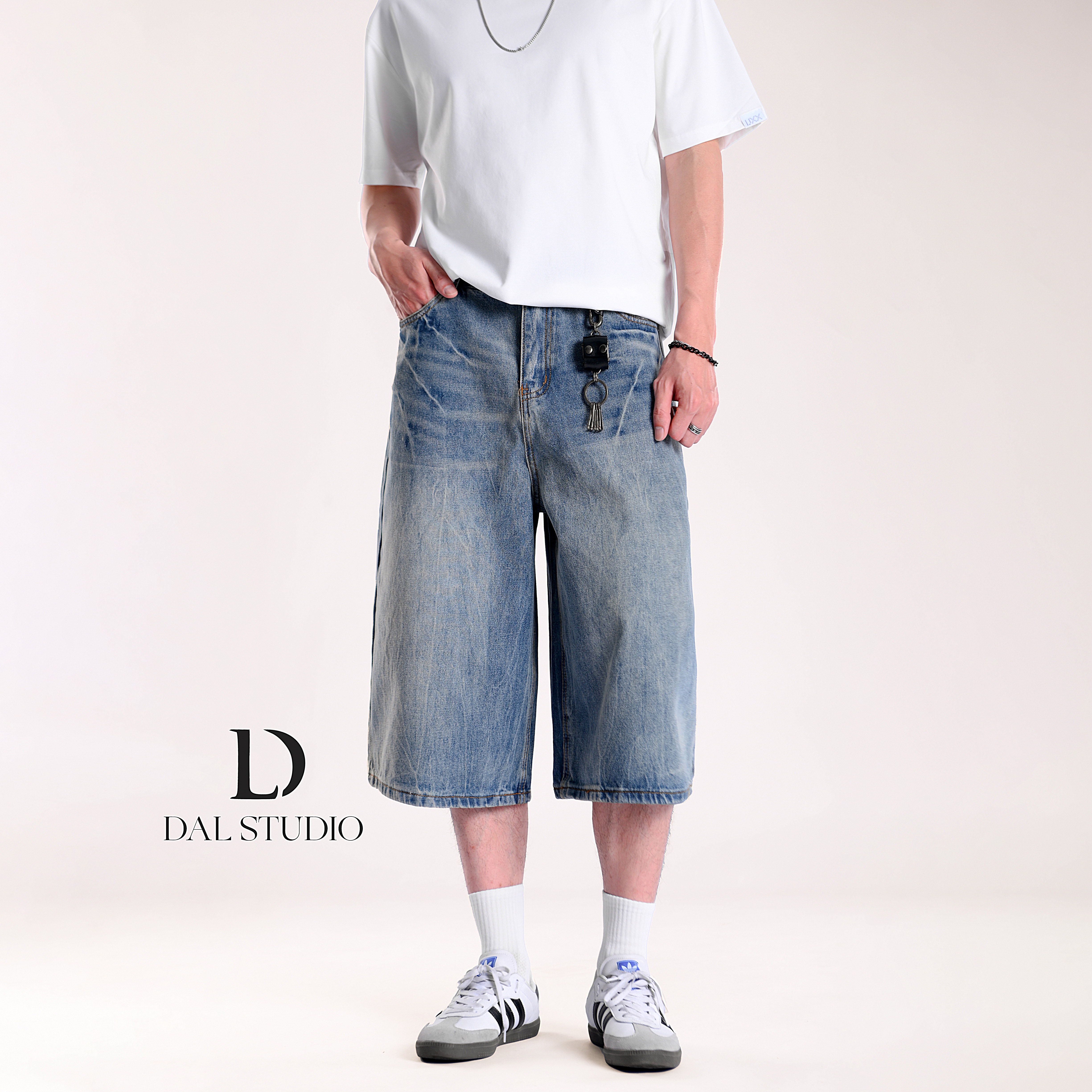 DAL 美式复古蓝阔腿牛仔七分裤男2025年夏季闪电龟裂纹设计感短裤