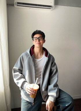 DAL 灰色撞色连帽开衫卫衣男2025年秋冬新款宽松基础百搭长袖上衣