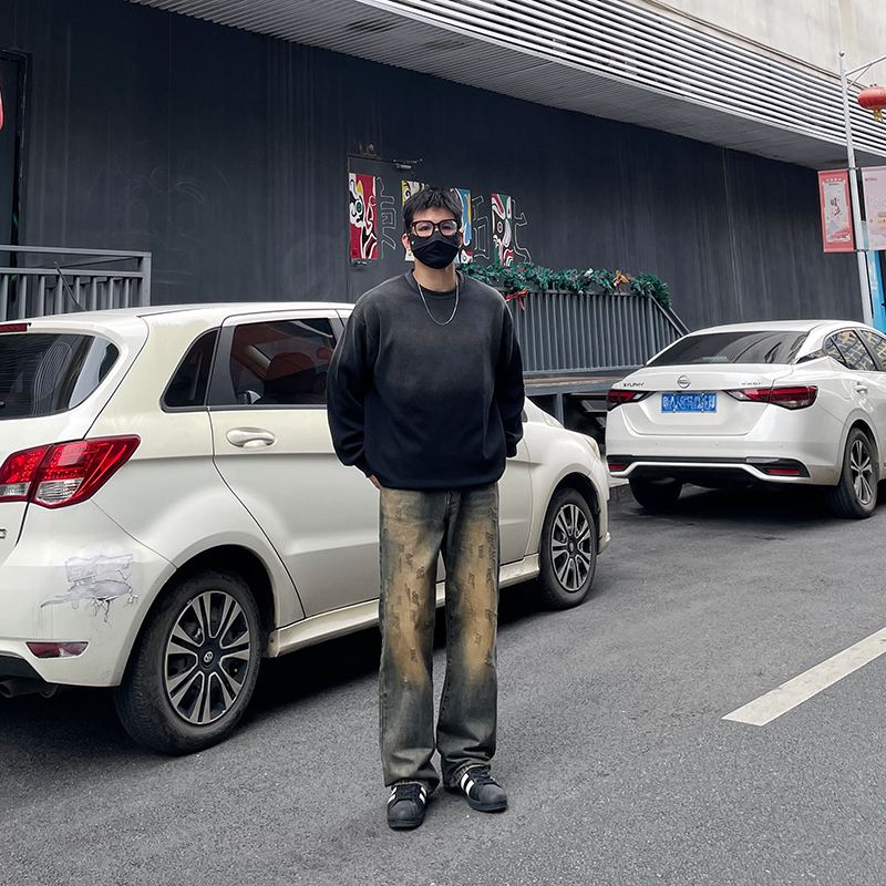 DAL 黄泥染dirtyfit直筒牛仔裤男2025年春季宽松复古刮烂做旧裤子