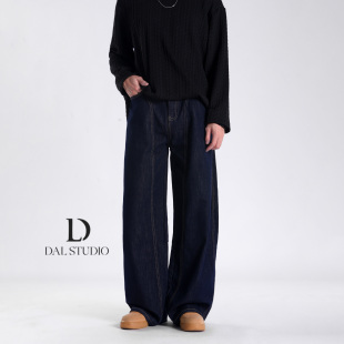 潮流弯刀阔腿痞帅情侣拖地裤 男秋冬新款 女 宽松丹宁原色牛仔裤 DAL
